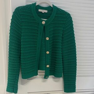 LOFT Petities Emerald Green Crocheted Button Cardigan